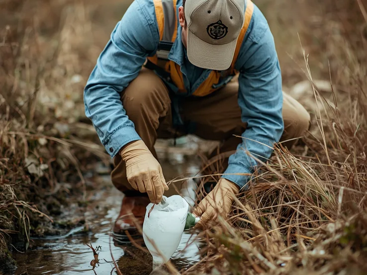 Tecnico che preleva un campione d'acqua in campo
